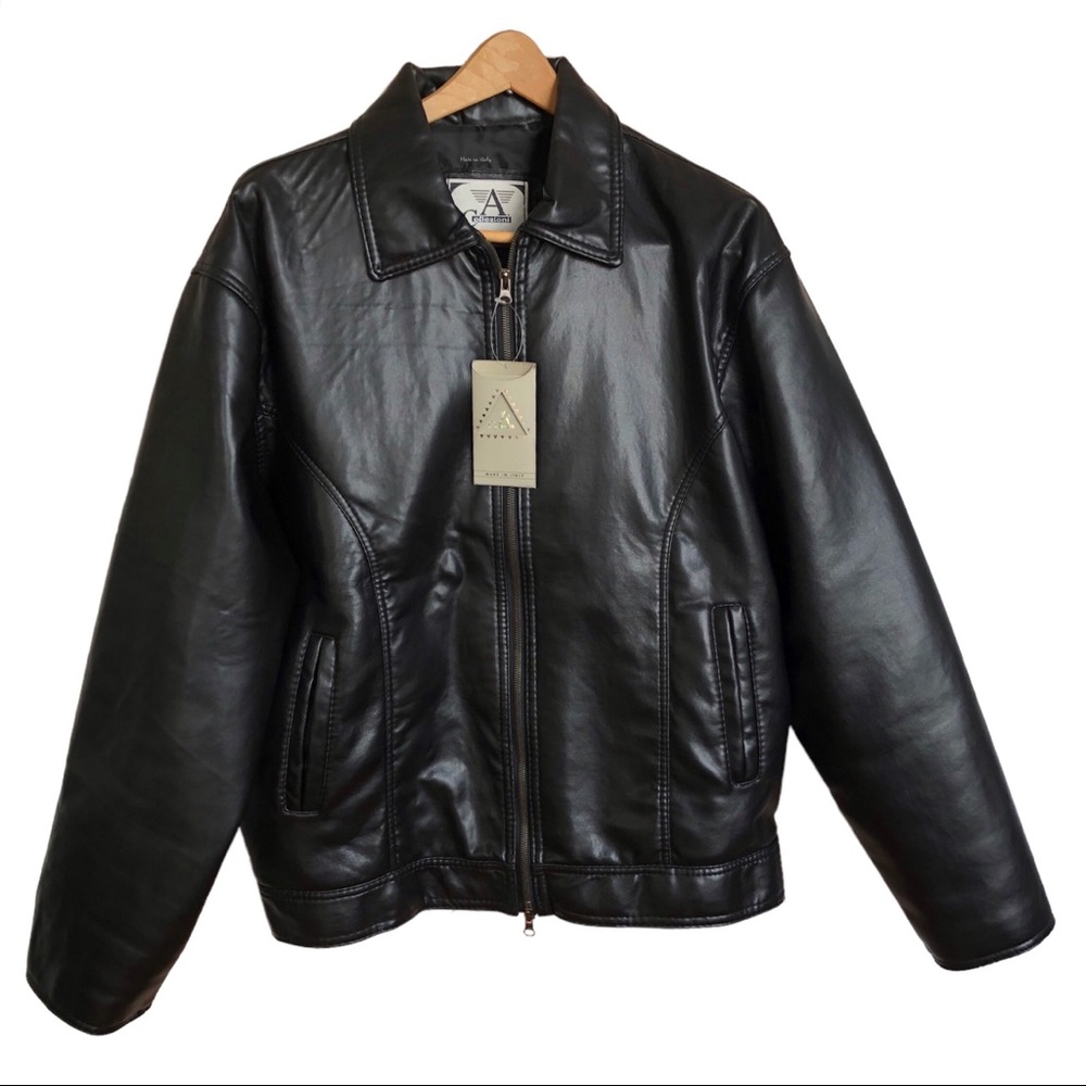 Vintage A Collezioni Moto Jacket Mens Black Faux Leather Full Zipper Size L